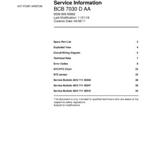 Hotpoint bcb 7030 d aa service manual cover with model code number, manual contents and publication date
