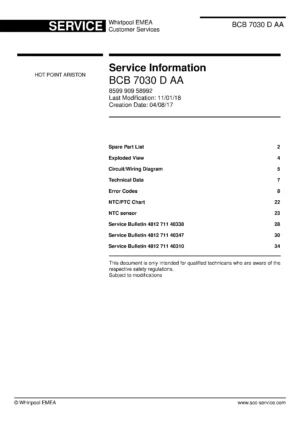 Hotpoint bcb 7030 d aa service manual cover with model code number, manual contents and publication date