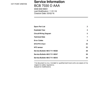 Hotpoint bcb 7030 d aaa service manual cover with model code number, manual contents and publication date