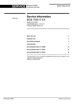 Hotpoint bcb 7030 d ex service manual cover with model code number, manual contents and publication date
