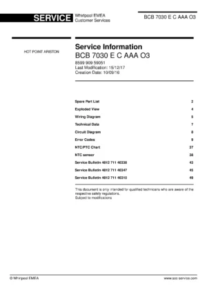 Hotpoint bcb 7030 e c aaa o3 service manual cover with model code number, manual contents and publication date