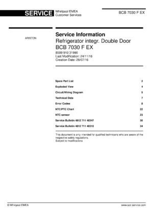 Hotpoint bcb 7030 f ex service manual cover with model code number, manual contents and publication date