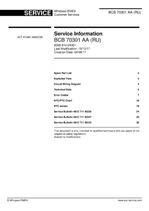 Hotpoint bcb 70301 aa (ru) service manual cover with model code number, manual contents and publication date