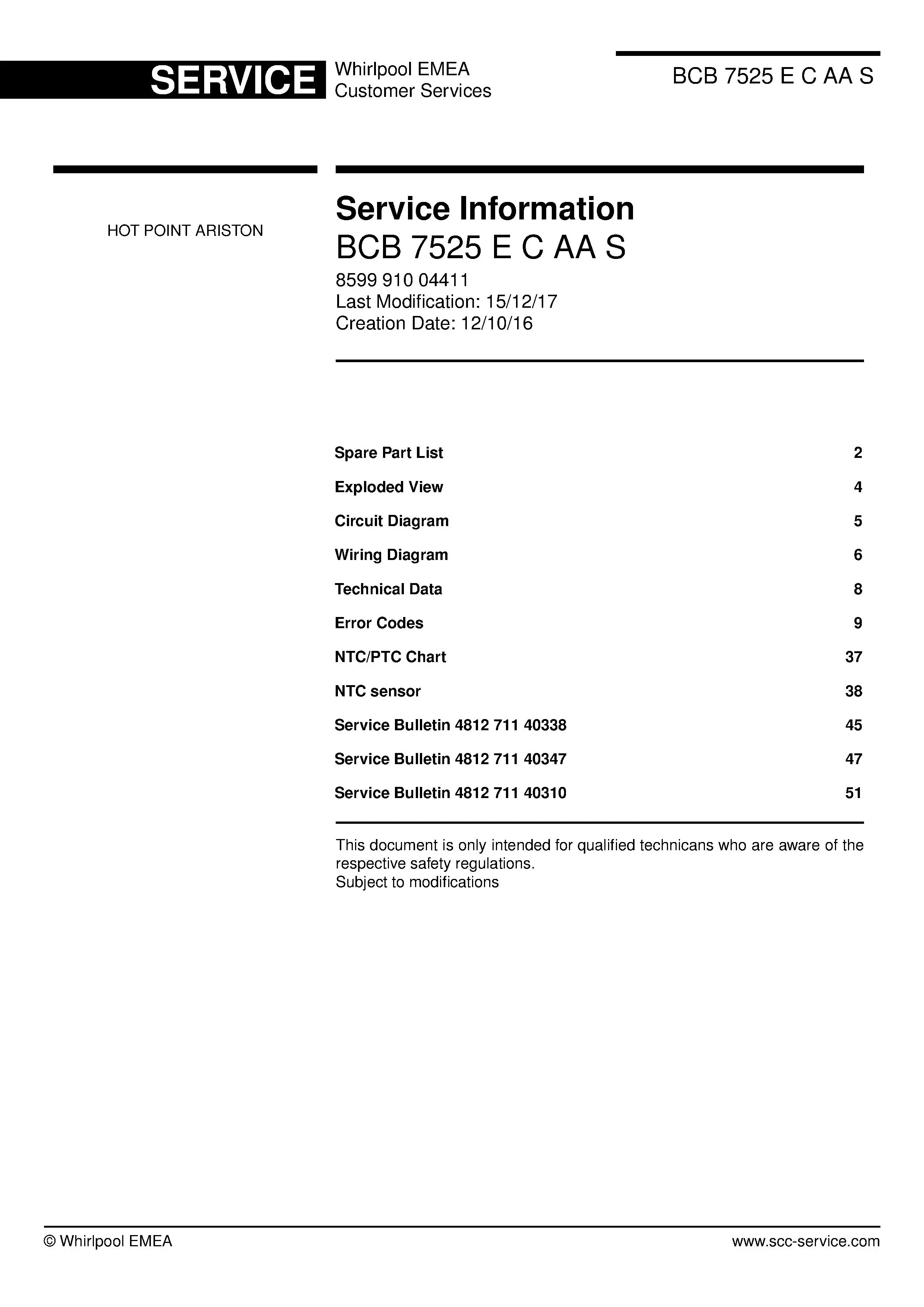 Hotpoint bcb 7525 e c aa s service manual cover with model code number, manual contents and publication date