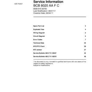 Hotpoint bcb 8020 aa f c service manual cover with model code number, manual contents and publication date
