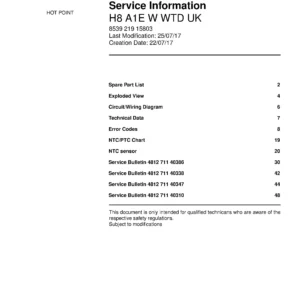 Hotpoint h8 a1e w wtd uk service manual cover with model code number, manual contents and publication date