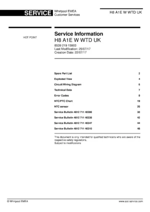 Hotpoint h8 a1e w wtd uk service manual cover with model code number, manual contents and publication date