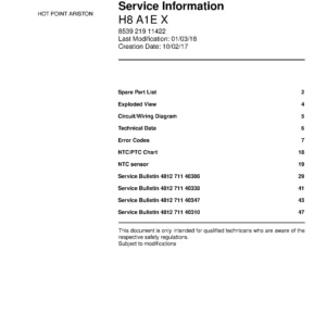 Hotpoint h8 a1e x service manual cover with model code number, manual contents and publication date
