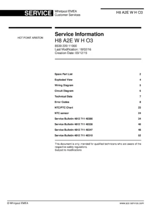 Hotpoint h8 a2e w h o3 service manual cover with model code number, manual contents and publication date