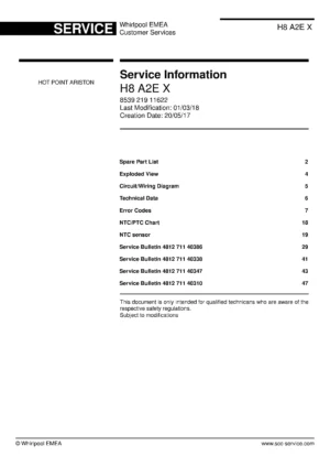 Hotpoint h8 a2e x service manual cover with model code number, manual contents and publication date