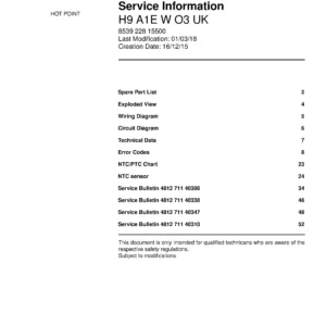 Hotpoint h9 a1e w o3 uk service manual cover with model code number, manual contents and publication date