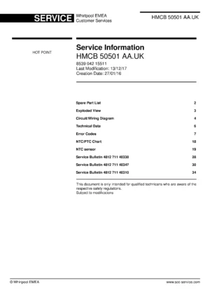 Hotpoint hmcb 50501 aa.uk service manual cover with model code number, manual contents and publication date