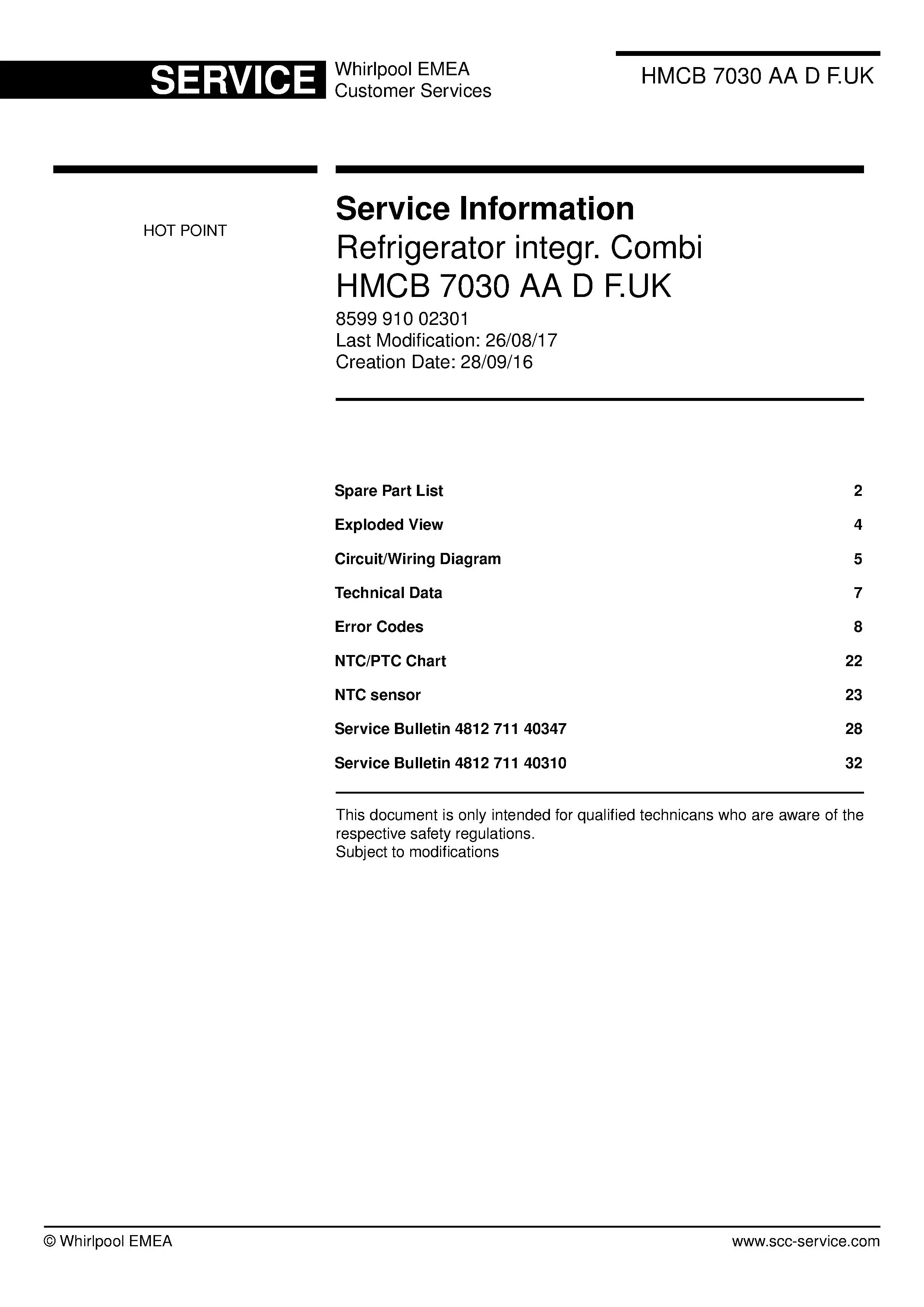 Hotpoint hmcb 7030 aa d f.uk service manual cover with model code number, manual contents and publication date