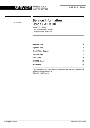Hotpoint hsz 12 a1 d.uk service manual cover with model code number, manual contents and publication date