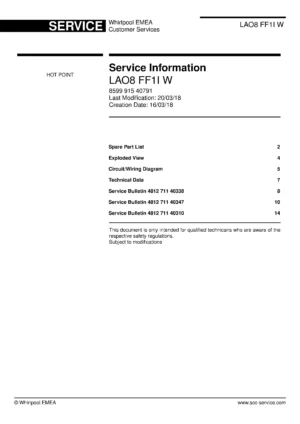 Hotpoint lao8 ff1i w service manual cover with model code number, manual contents and publication date