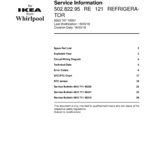 Ikea avkyld 502 822 95 re 121 service manual cover with model code number, manual contents and publication date