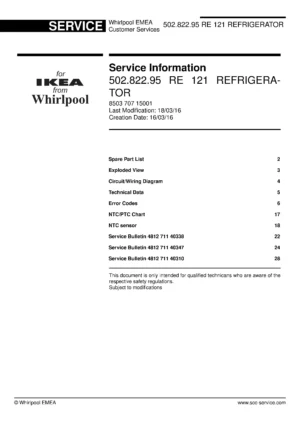 Ikea avkyld 502 822 95 re 121 service manual cover with model code number, manual contents and publication date