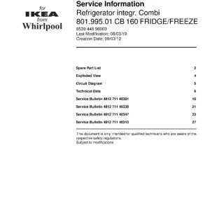 Ikea cb 160 801 995 01 service manual cover with model code number, manual contents and publication date