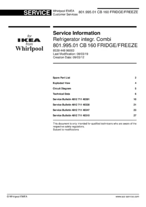 Ikea cb 160 801 995 01 service manual cover with model code number, manual contents and publication date