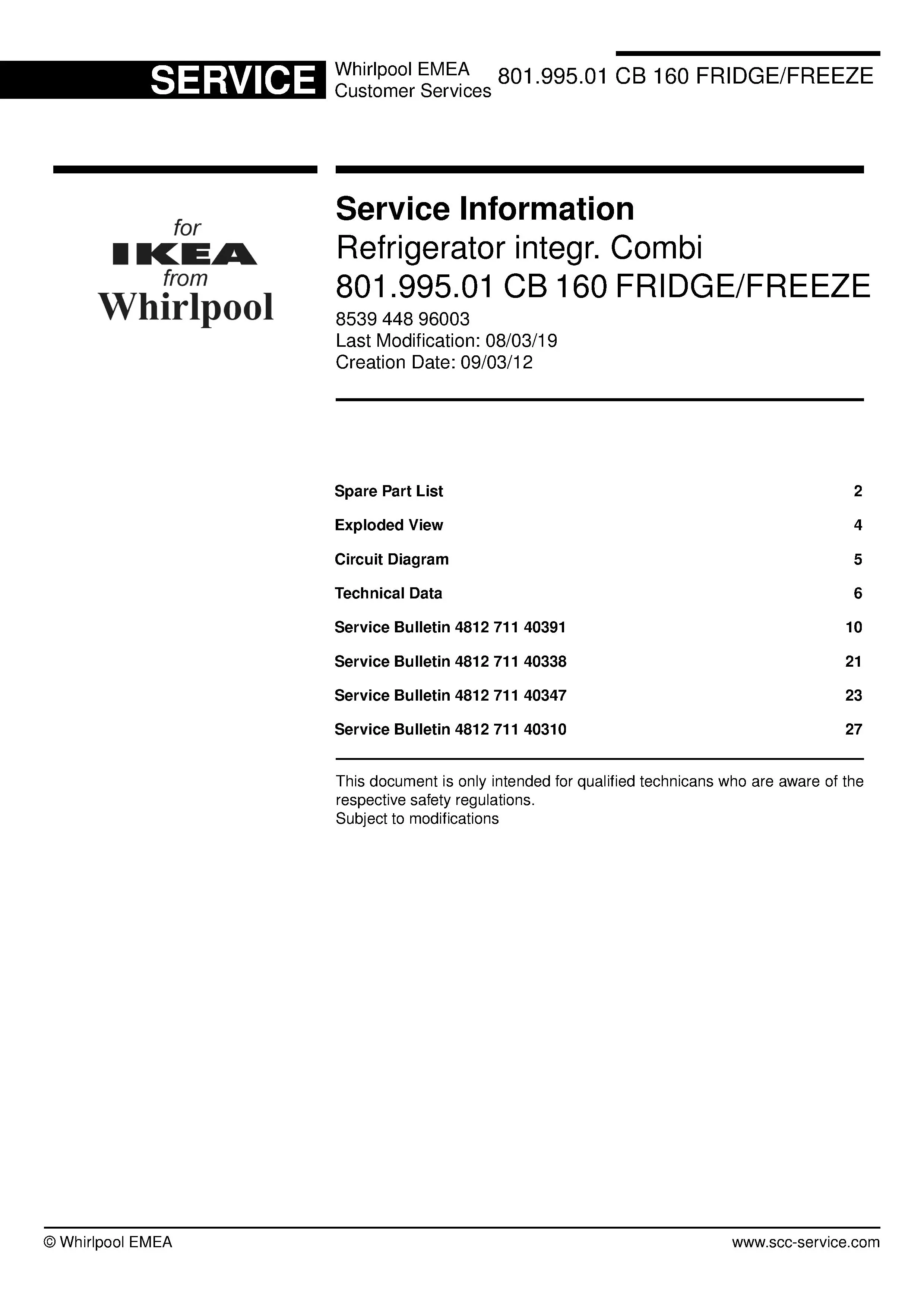 Ikea cb 160 801 995 01 service manual cover with model code number, manual contents and publication date