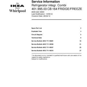 Ikea cb 164 401 995 03 service manual cover with model code number, manual contents and publication date