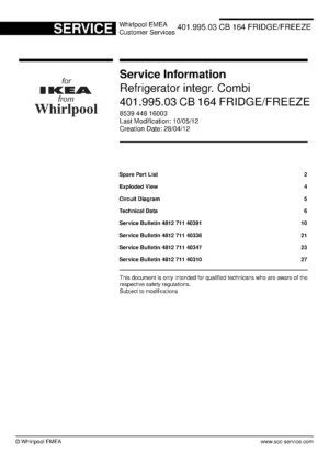 Ikea cb 164 401 995 03 service manual cover with model code number, manual contents and publication date