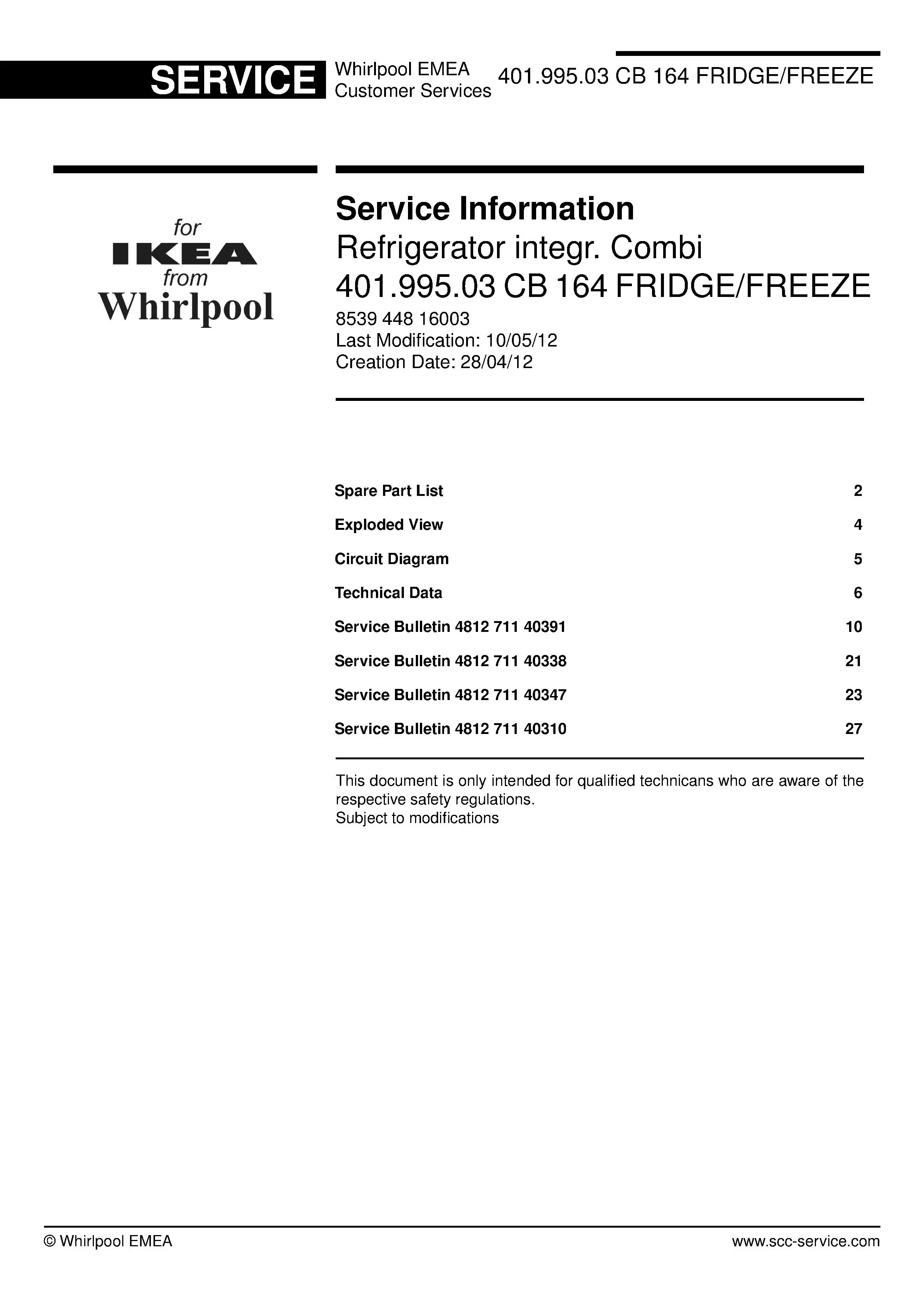 Ikea cb 164 401 995 03 service manual cover with model code number, manual contents and publication date