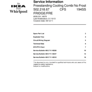 Ikea cb 180 502 218 67 service manual cover with model code number, manual contents and publication date