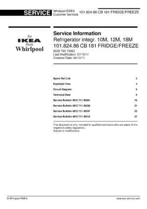 Ikea cb 181 101 824 86 service manual cover with model code number, manual contents and publication date