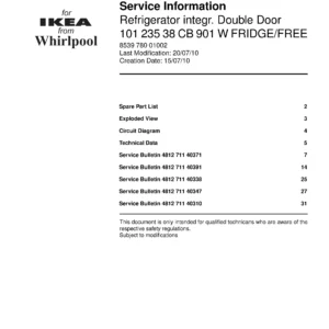 Ikea cb 901 w 101 235 38 service manual cover with model code number, manual contents and publication date