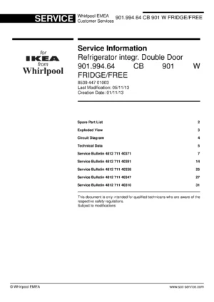 Ikea cb 901 w 901 994 64 service manual cover with model code number, manual contents and publication date