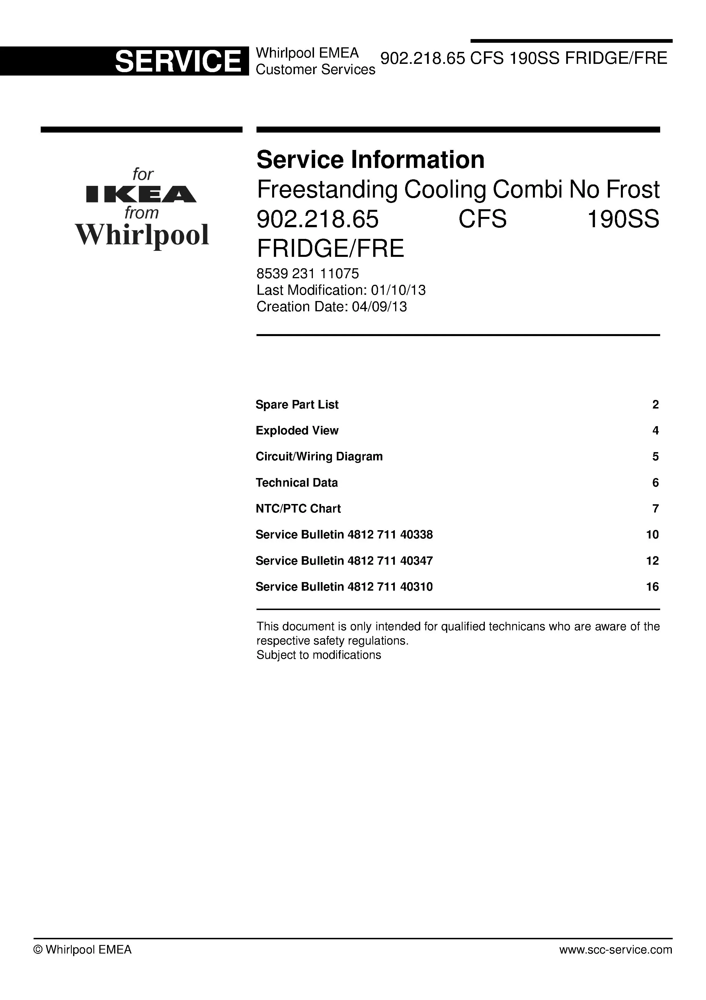Ikea cfs 190ss 902 218 65 service manual cover with model code number, manual contents and publication date