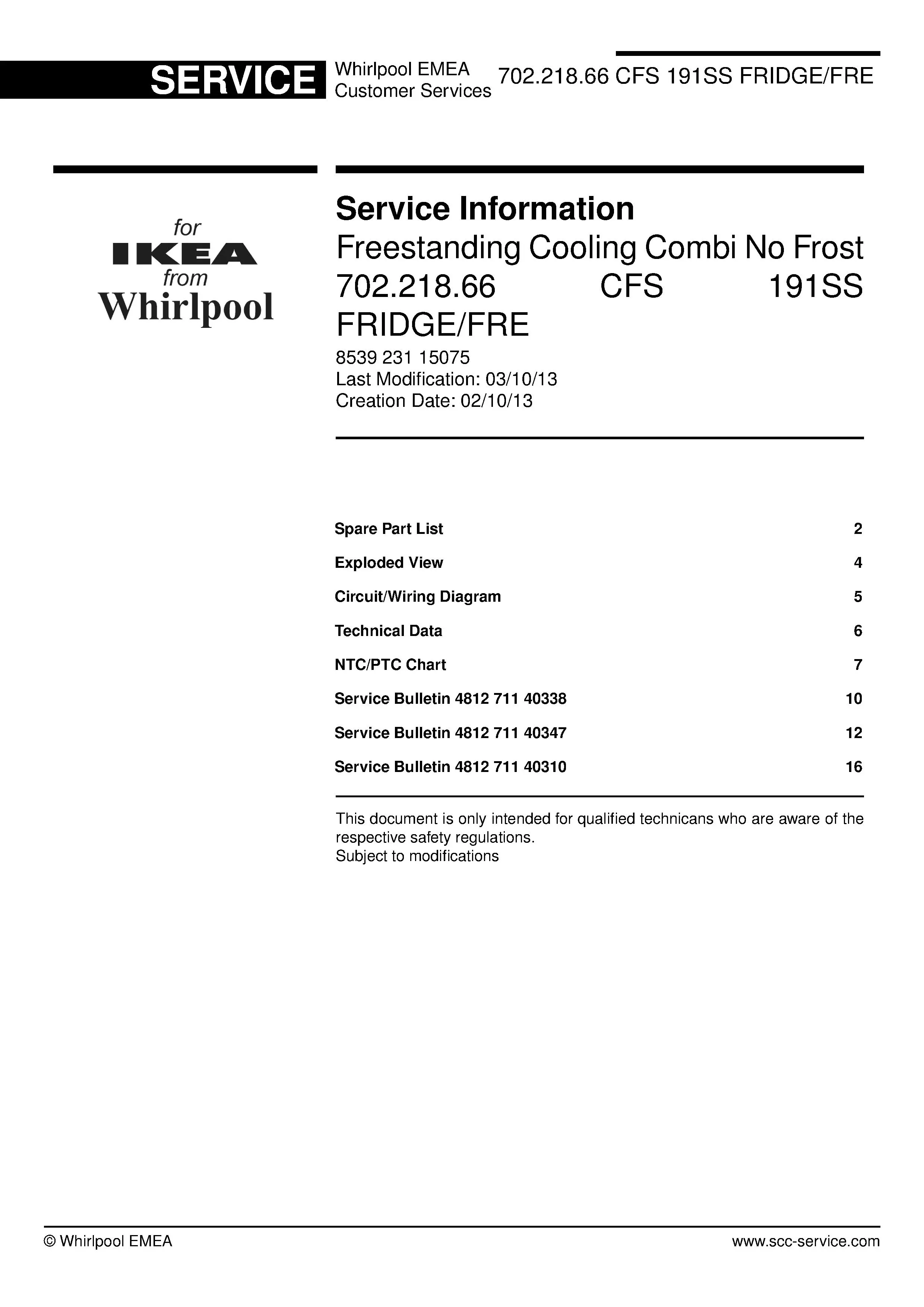 Ikea cfs 191ss 702 218 66 service manual cover with model code number, manual contents and publication date