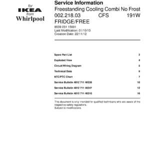Ikea cfs 191w 002 218 03 service manual cover with model code number, manual contents and publication date