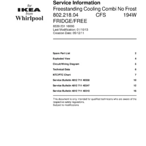 Ikea cfs 194w 802 218 04 service manual cover with model code number, manual contents and publication date