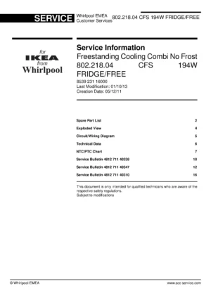 Ikea cfs 194w 802 218 04 service manual cover with model code number, manual contents and publication date