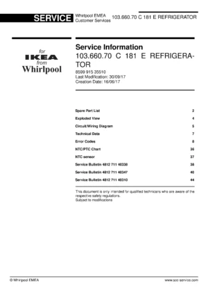Ikea frostig 103 660 70 c 181 e service manual cover with model code number, manual contents and publication date