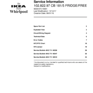 Ikea isigt 102 822 97 cb 181 5 service manual cover with model code number, manual contents and publication date