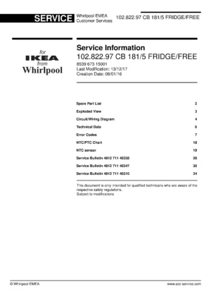 Ikea isigt 102 822 97 cb 181 5 service manual cover with model code number, manual contents and publication date