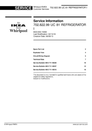 Ikea kallnat 702 822 99 uc 81 r service manual cover with model code number, manual contents and publication date