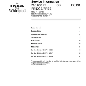 Ikea tinad 203 660 79 cb dc191 service manual cover with model code number, manual contents and publication date