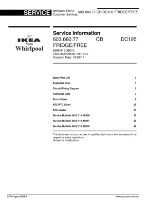 Ikea tinad 603 660 77 service manual cover with model code number, manual contents and publication date