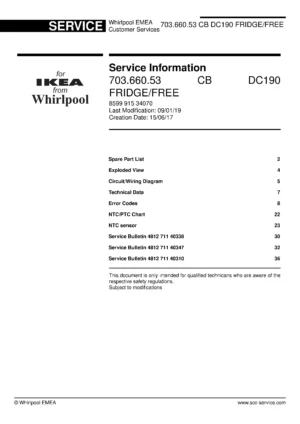 Ikea tinad 703 660 53 service manual cover with model code number, manual contents and publication date
