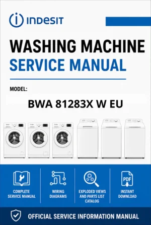 Indesit bwa 81283x w eu service manual cover from Whirlpool emea customer services with model code, manual creation date, manual contents,