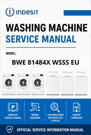 Indesit bwe 81484x wsss eu service manual cover from Whirlpool emea customer services with model code, manual creation date, manual contents,