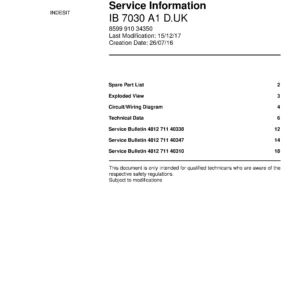 Indesit ib 7030 a1 d uk service manual cover with model code number, manual contents and publication date