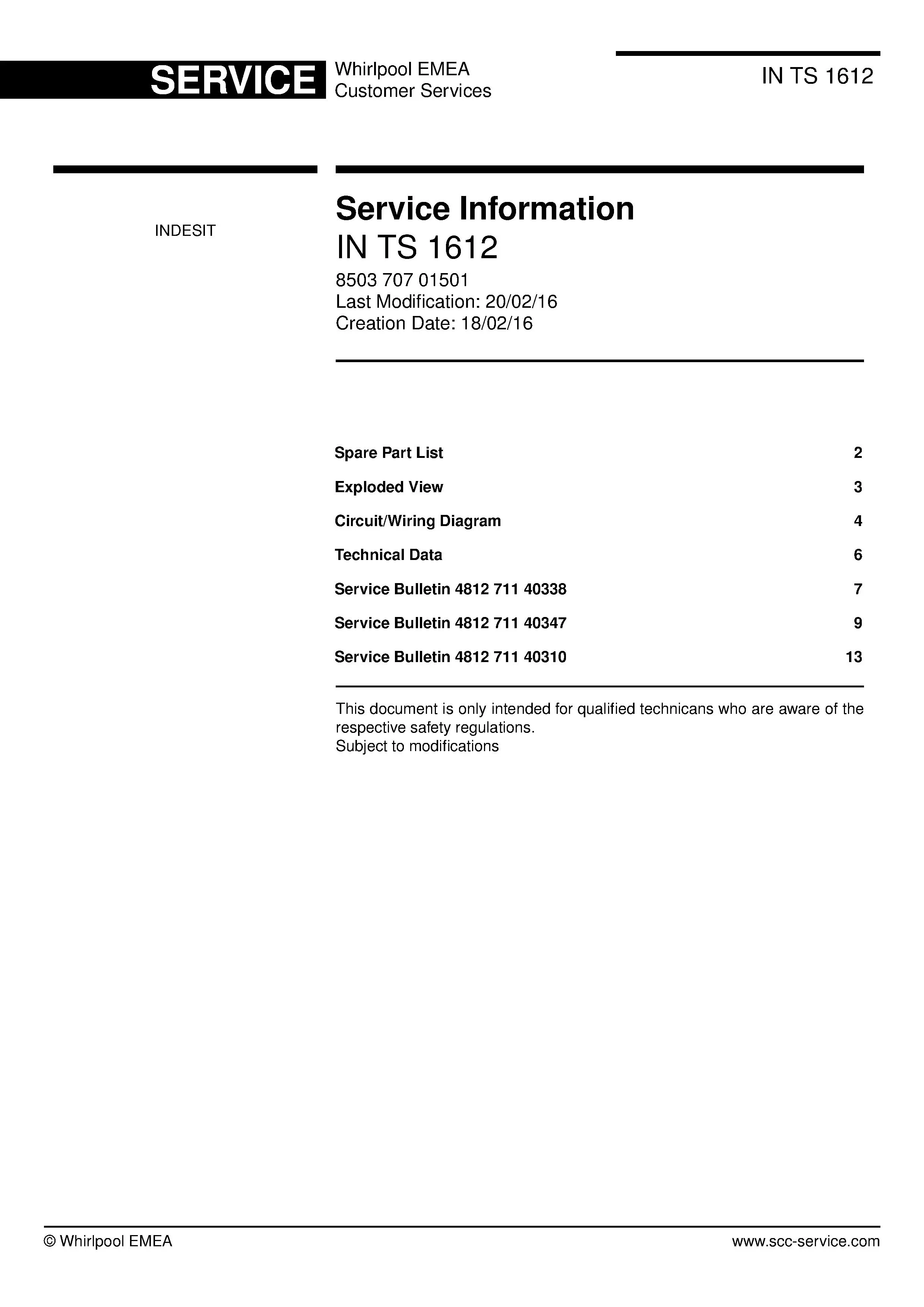 Indesit in ts 1612 service manual cover with model code number, manual contents and publication date