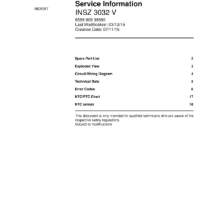 Indesit insz 3032 v service manual cover with model code number, manual contents and publication date