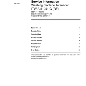 Indesit itw a 51051 g rf service manual cover from Whirlpool emea customer services with model code, manual creation date, manual contents,