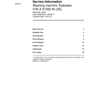 Indesit itw a 51052 w de service manual cover from Whirlpool emea customer services with model code, manual creation date, manual contents,